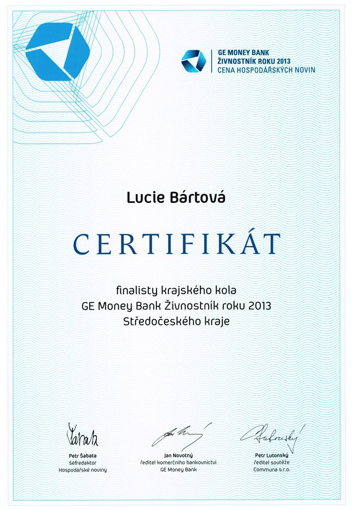 Certifikát finalistky krajského kola Živnostník roku 2013, Lucie Bártová