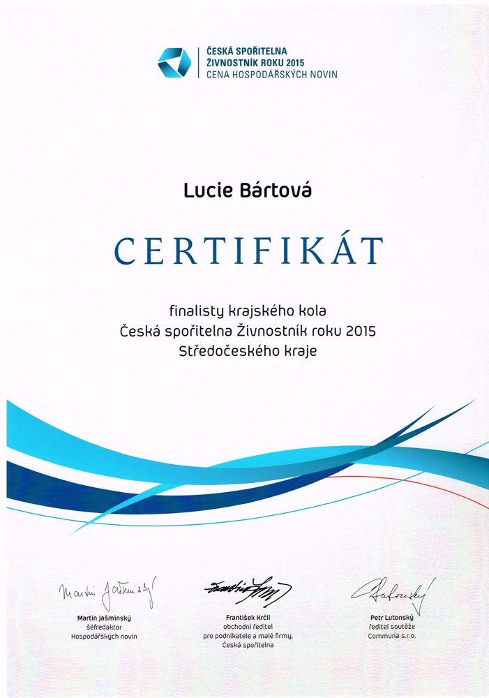 Certifikát finalistky krajského kola Živnostník roku 2015, Lucie Bártová