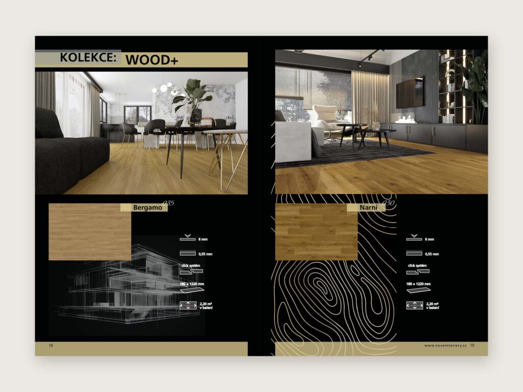 Dvoustrana katalogu Nové interiéry s kolekcí Wood+ na černém podkladu