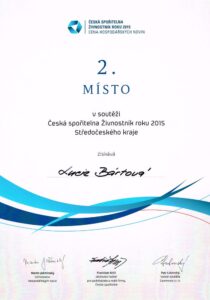 Diplom 2. místo Česká spořitelna Živnostník roku 2015 Středočeského kraje, Lucie Bártová