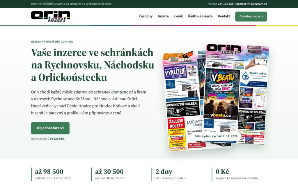 Ukázka webu orin.cz, inzertní měsíčník Orin