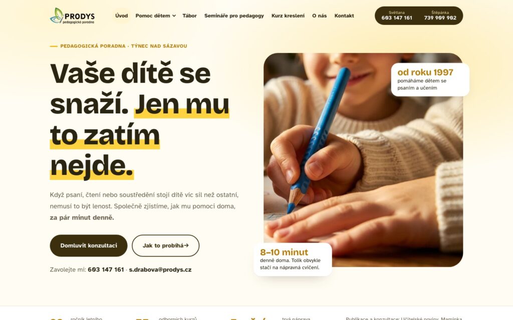 Ukázka webu prodys.cz, pedagogická poradna PRODYS
