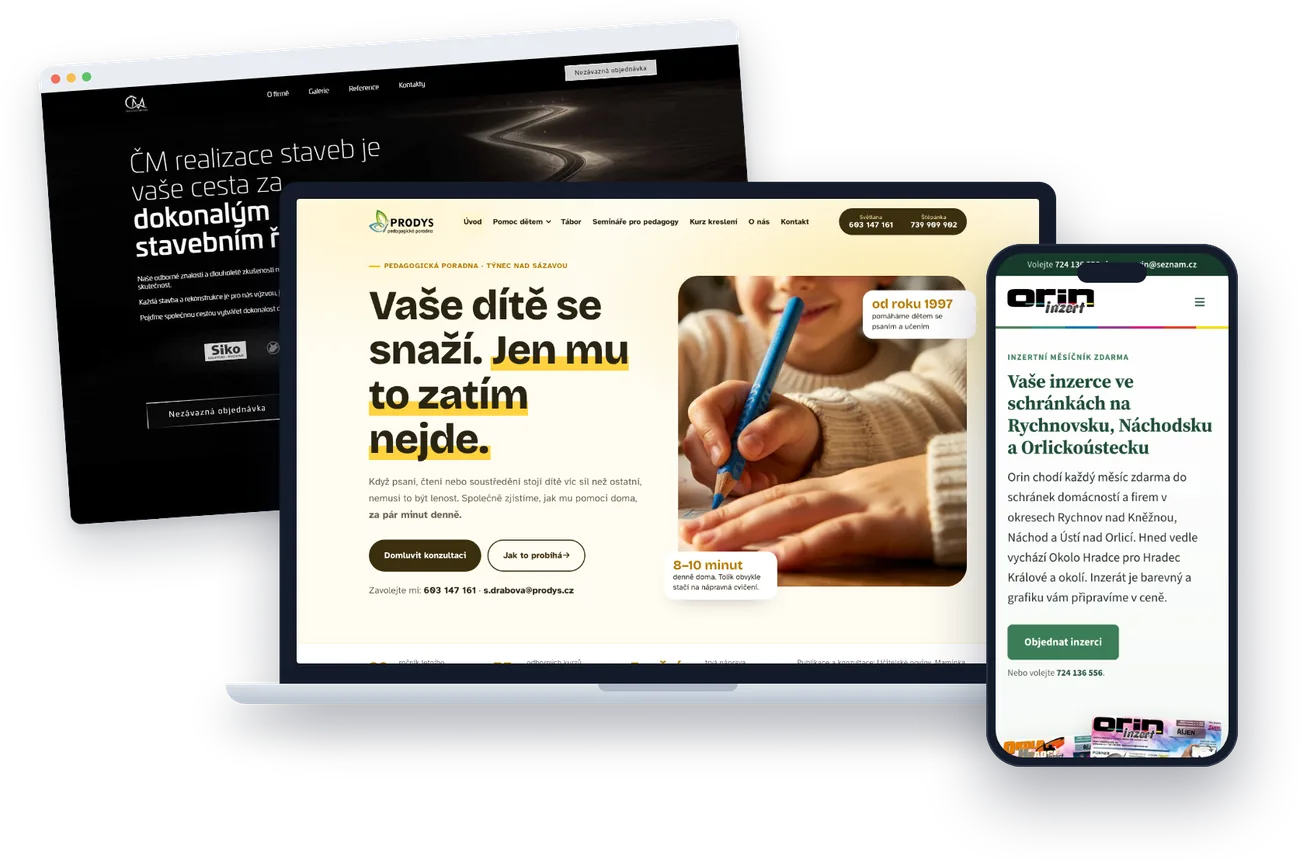 Ukázky webů od Luciadesign: CM realizace staveb, PRODYS a Orin na počítači a mobilu